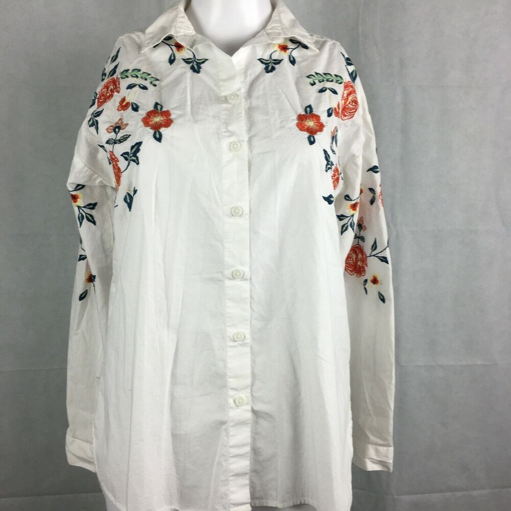 Beach Lunch Lounge Shirt Womens Sz XS White Cotton Floral Embroidered Button Up